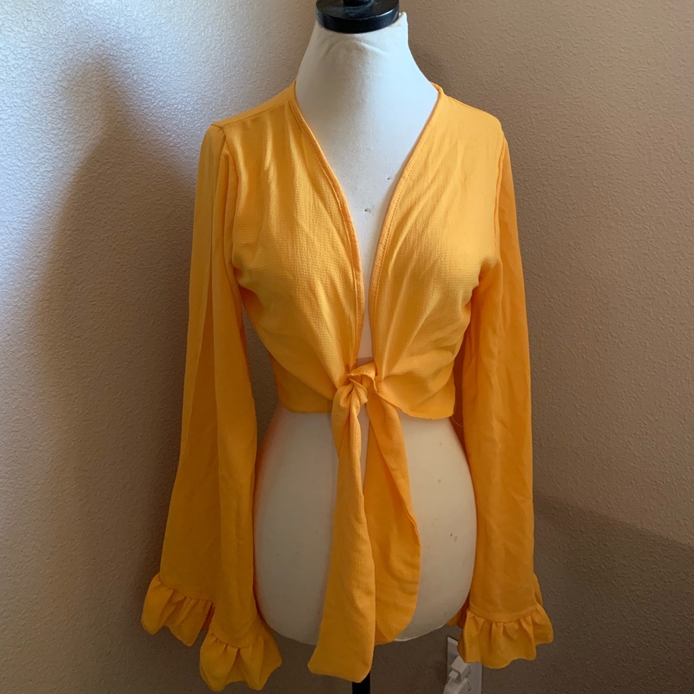 Yellow Tie Front Crop Top w/ wide sleeves